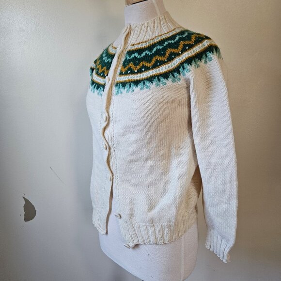 Vintage Norwegian Wool Fair Isle Cardigan Sweater S - Picture 3 of 8